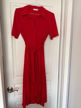 Mango Red Midi Dress | Size S | Button Front | Belted Waist
